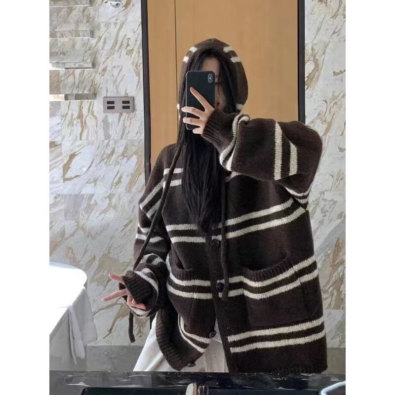 連帽條紋小眾設計針織開衫女秋冬韓系寬鬆慵懶風軟糯毛衣外套上衣