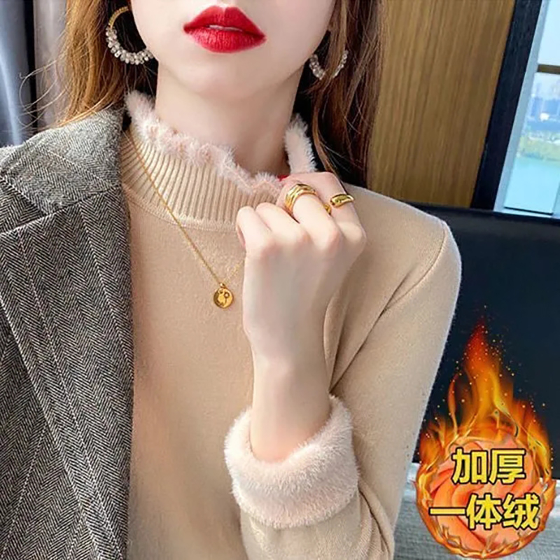 天貓質量一體絨毛衣女冬季加絨加厚半高領保暖百搭打底衫外穿