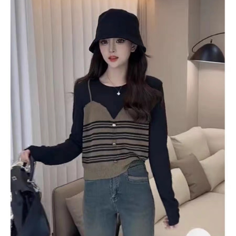 早秋時尚韓版洋氣撞色條紋拼接假兩件針織衫女氣質百搭高級感上衣