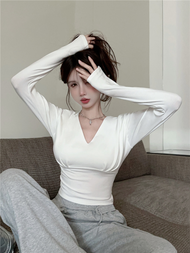 實拍~洋氣褶皺加絨V領內搭設計感打底衫修身顯瘦短款t恤上衣