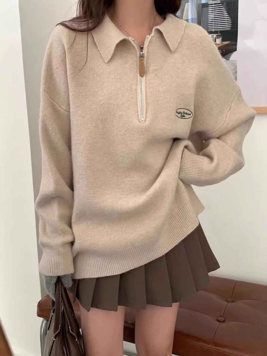 韓版慵懶風Polo領針織衛衣女2023秋冬新款休閒寬鬆設計感刺繡毛衣