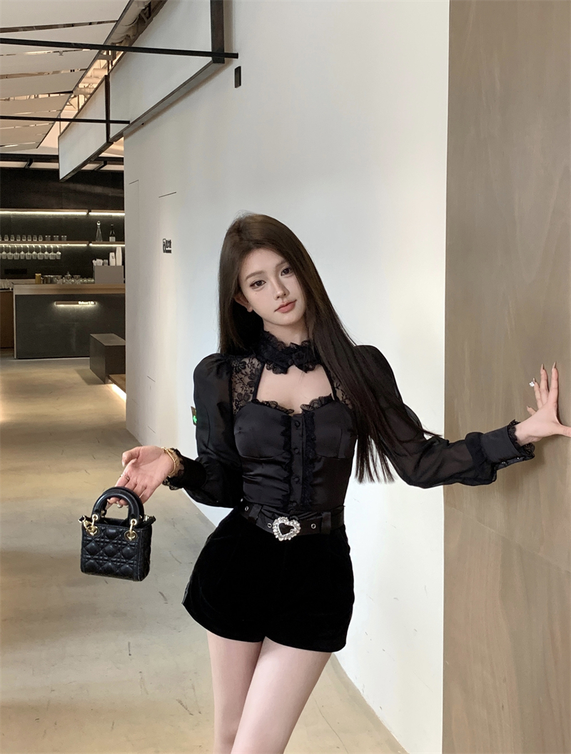 實拍 蕾絲上衣襯衫女秋冬高腰闊腿短褲套裝