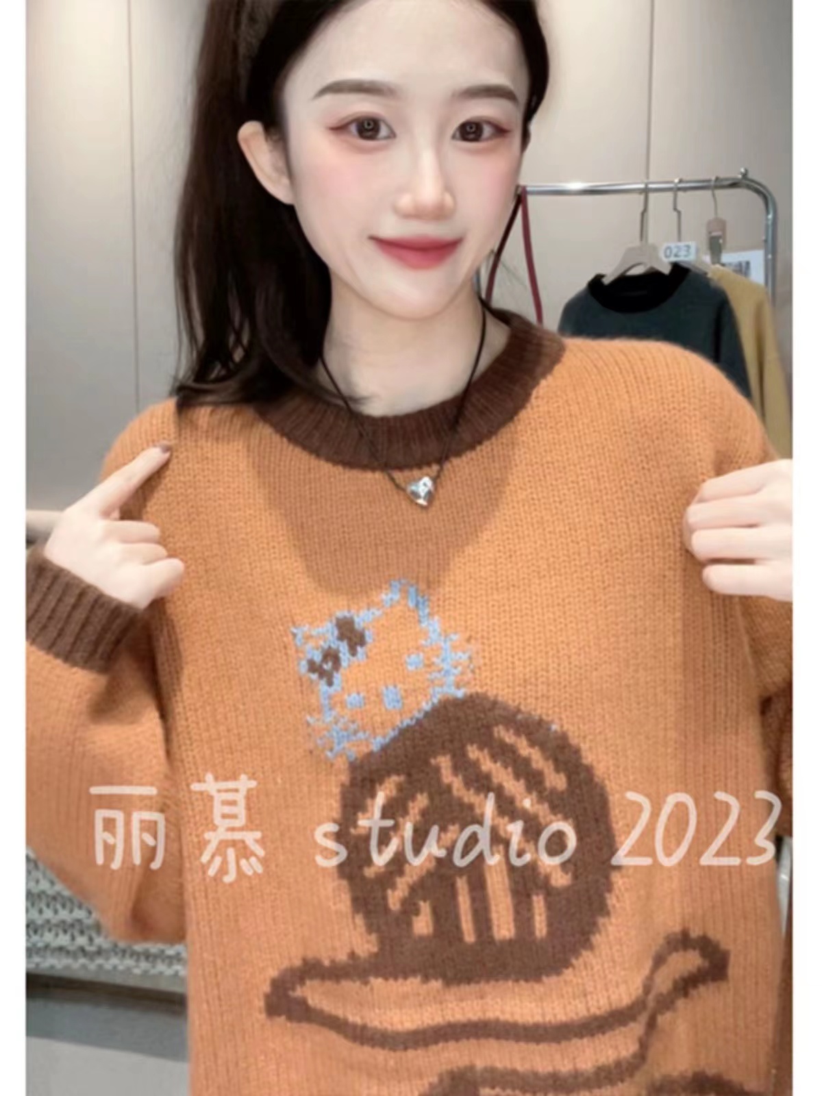 秋冬貓咪卡通減齡長袖針織毛衣女慵懶風圓領套頭休閒設計感上衣