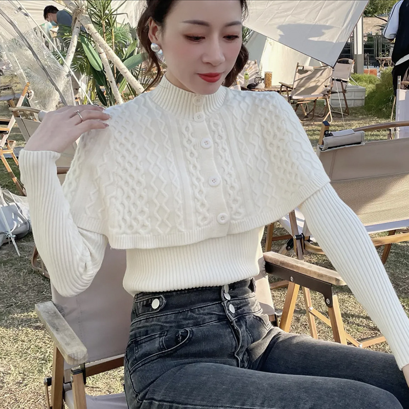 2023秋冬新款高級感針織斗篷毛衣披肩罩衫+不規則打底衫女兩件套