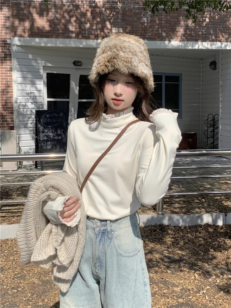 蕾絲花邊半高領打底t恤衫女裝2023秋冬季新款設計感小眾長袖上衣