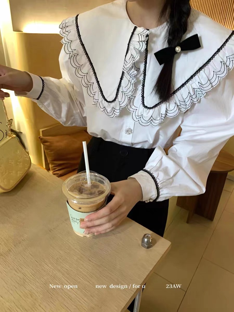 NEW OPEN法式復古花邊大翻領襯衫女秋季新款設計感博主風chic襯衣