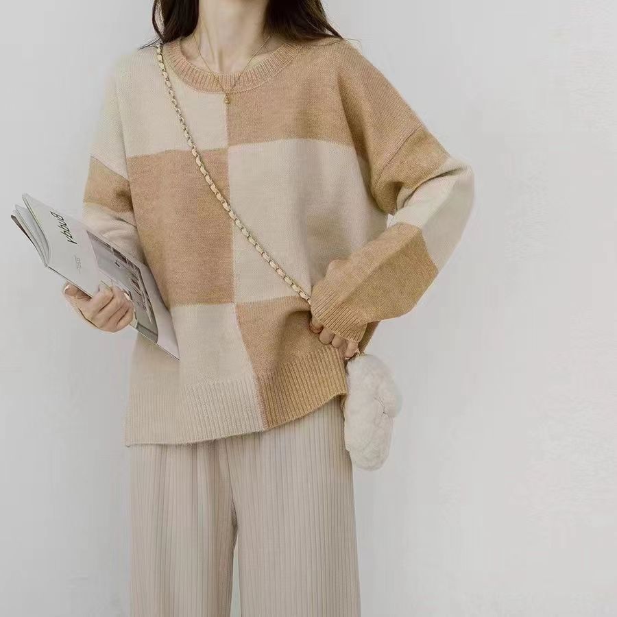 2023早秋新款韓版簡約拼色圓領針織衫女寬鬆單穿內搭長袖毛衣上衣