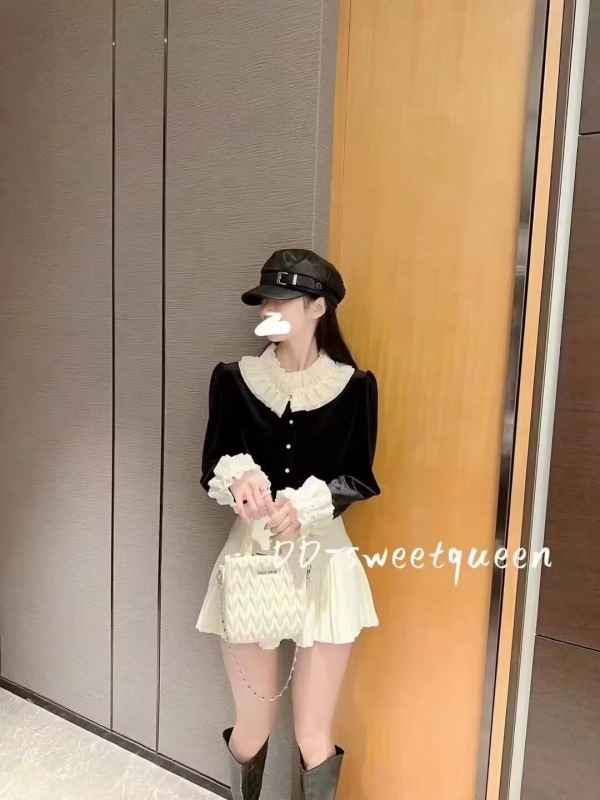 法式浪漫絲絨上衣女秋冬黑色獨特别致設計感高級氣質衫