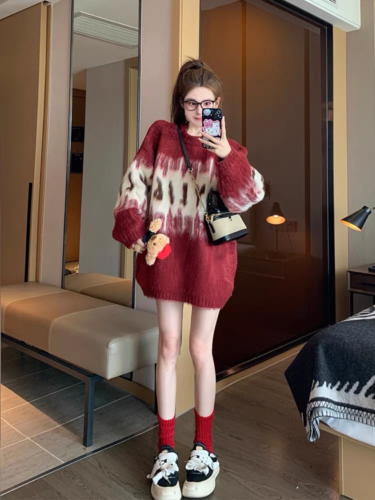 紅色毛衣女秋冬2023新款本命年聖誕寬鬆慵懶風加厚打底衫針織上衣