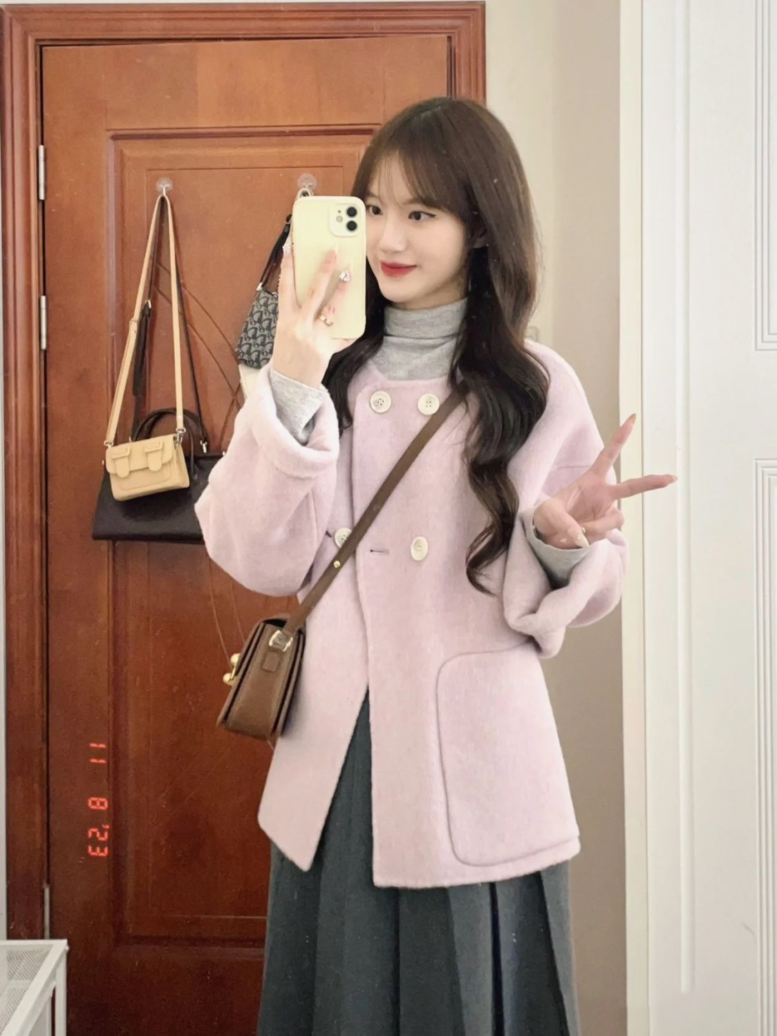 High-end large pocket mid-length pink woolen coat for women autumn and winter new Korean style loose and versatile woolen coat