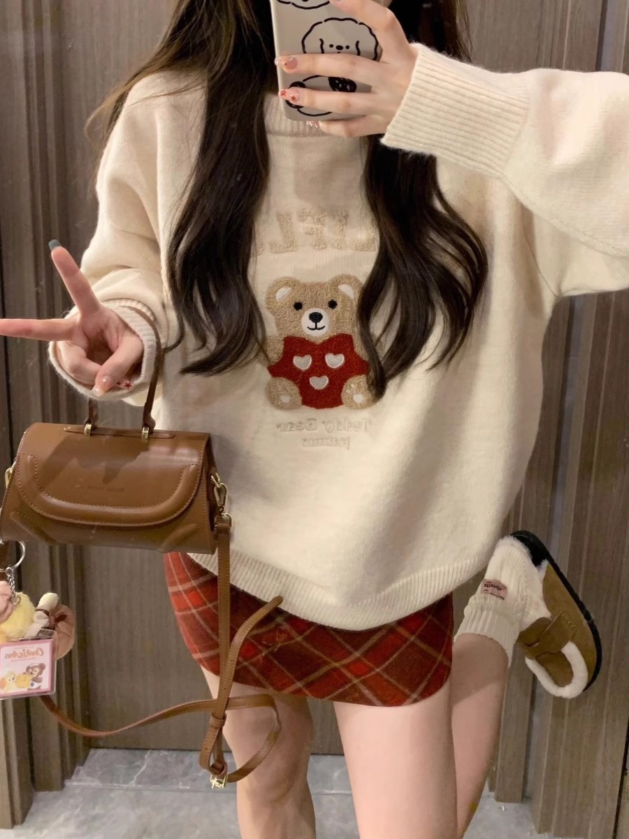 秋冬復古毛巾繡小熊套頭毛衣女寬鬆慵懶風重磅圓領針織打底衫上衣