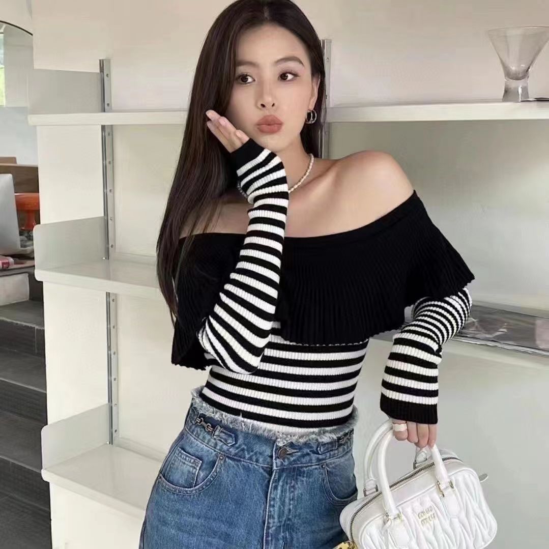 針織衫女2023秋季新款小眾設計感條紋時尚修身顯瘦一字肩條紋上衣