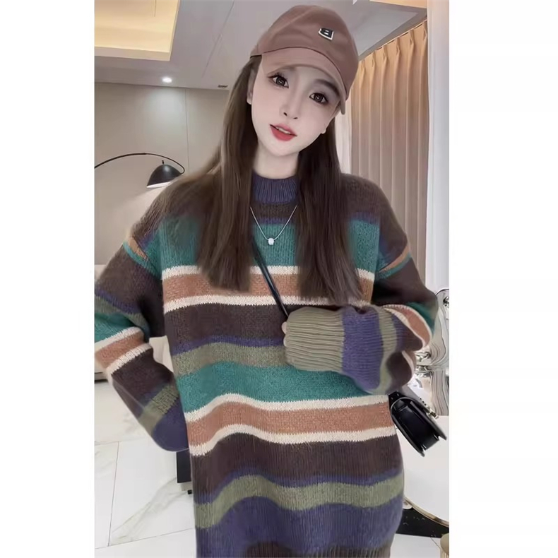 2023新款超好看慵懶風撞色條紋套頭針織毛衣女秋冬季高級感小個子