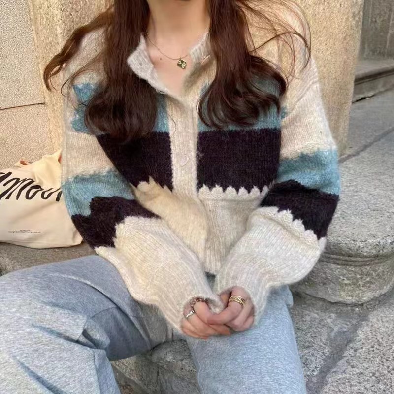 針織開衫女2023秋季新款韓版簡約百搭條紋拼色上衣短款毛衣外套潮