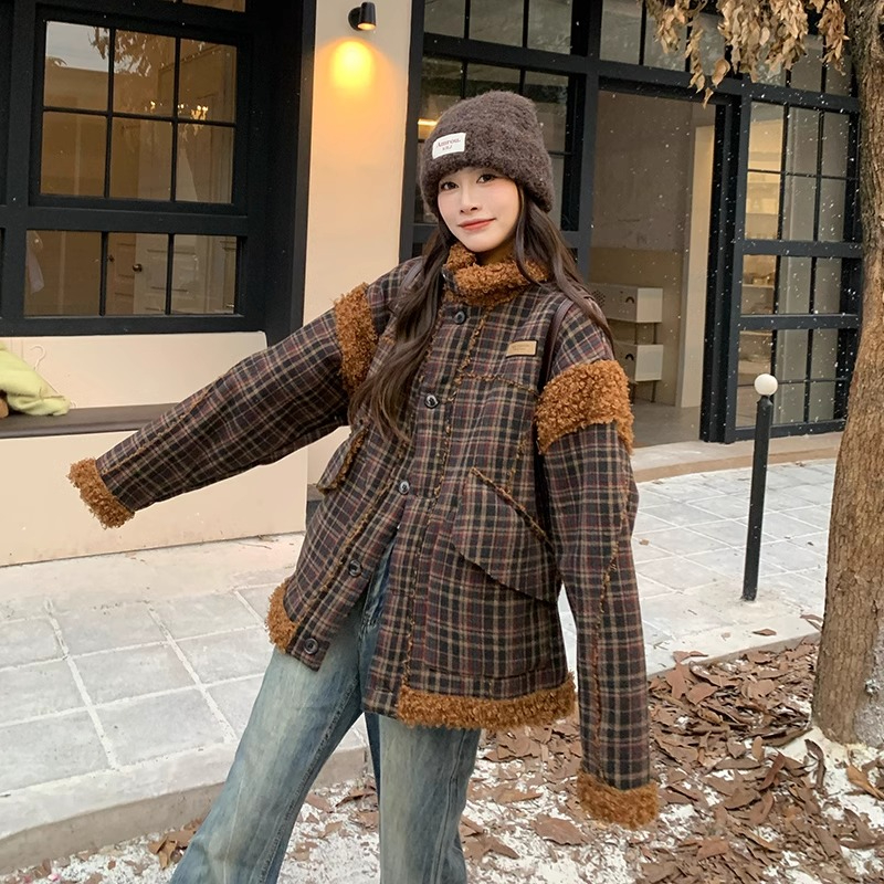 American retro plaid splicing lamb wool cotton coats for men and women winter new niche design couple cotton coats