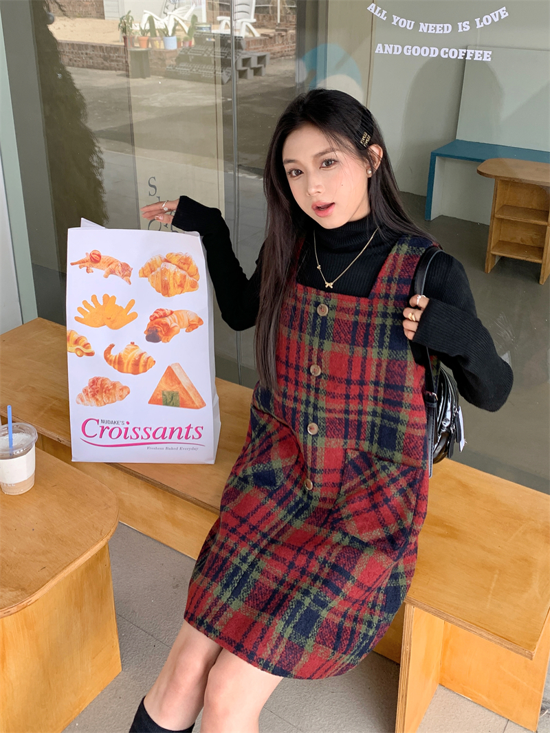 實拍 50017紅色格子裙女格紋背心裙連衣裙+30008針織上衣