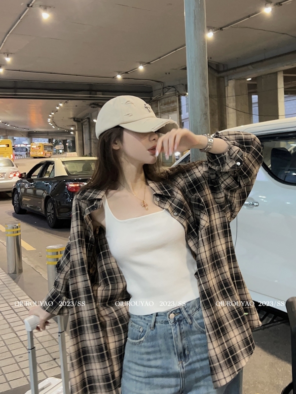邱肉瑤 美式格子襯衫女2024春季新款寬鬆慵懶風襯衣外套防曬上衣