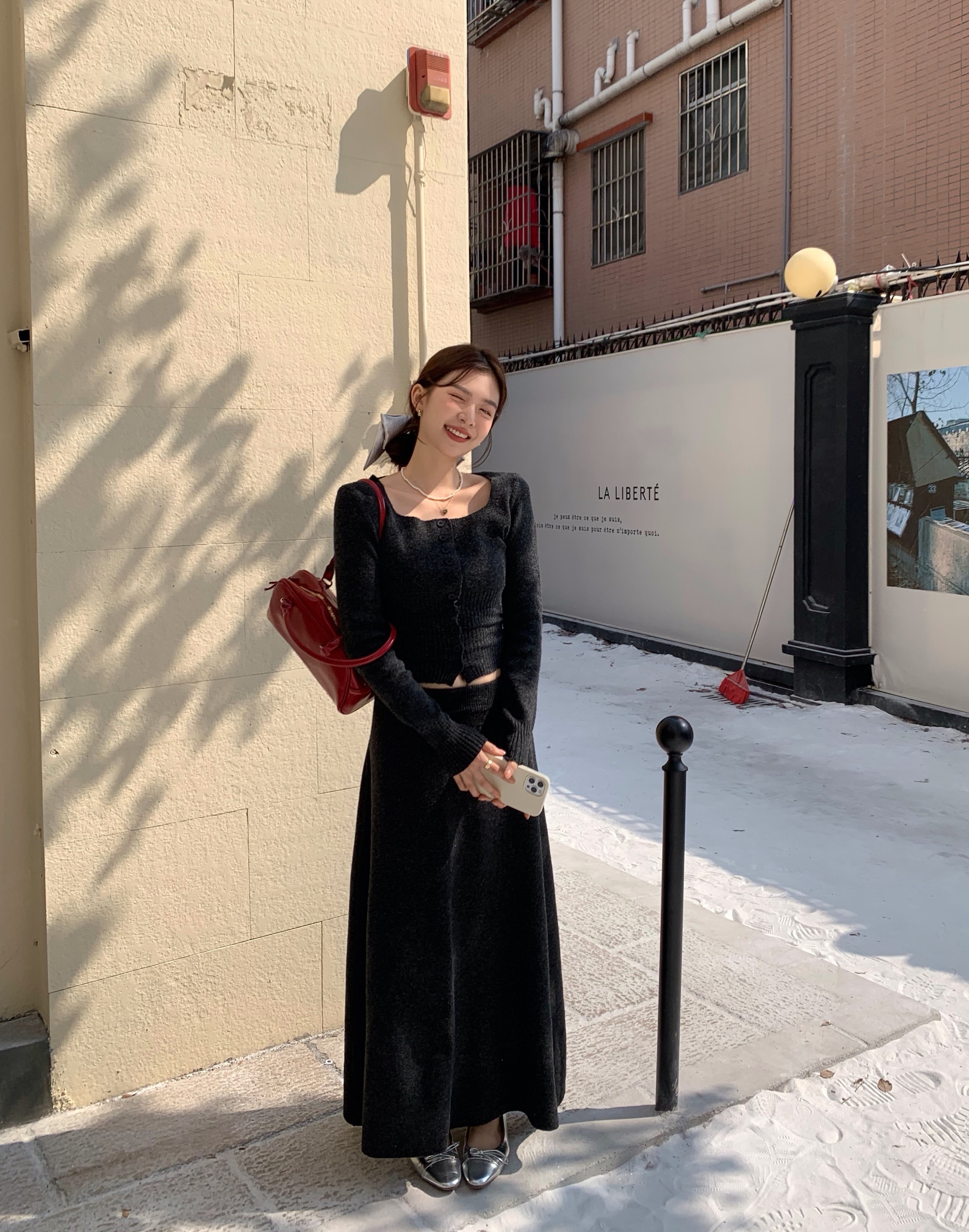 實拍 韓系氣質方領修身毛衣百搭半裙套裝