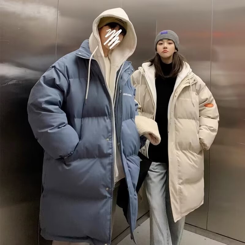 National trend couple's down jacket mid-length knee-high oversize hooded jacket college trend plus velvet thickened jacket