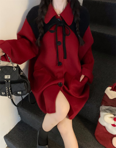 Real shot~Christmas red doll collar double-sided red coat with atmospheric mid-length coat for women