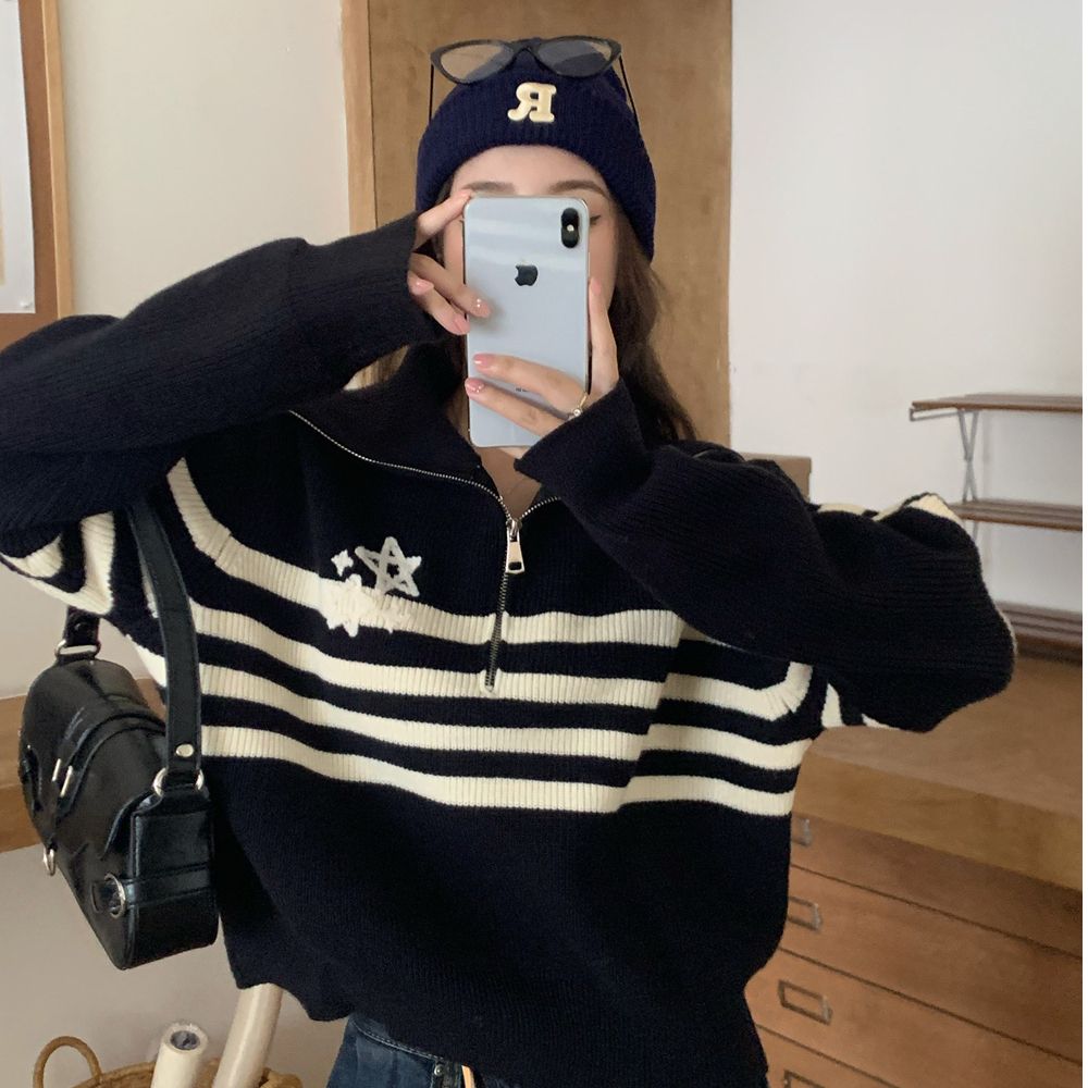 Retro zipper striped lapel sweater autumn and winter loose round neck versatile long-sleeved top