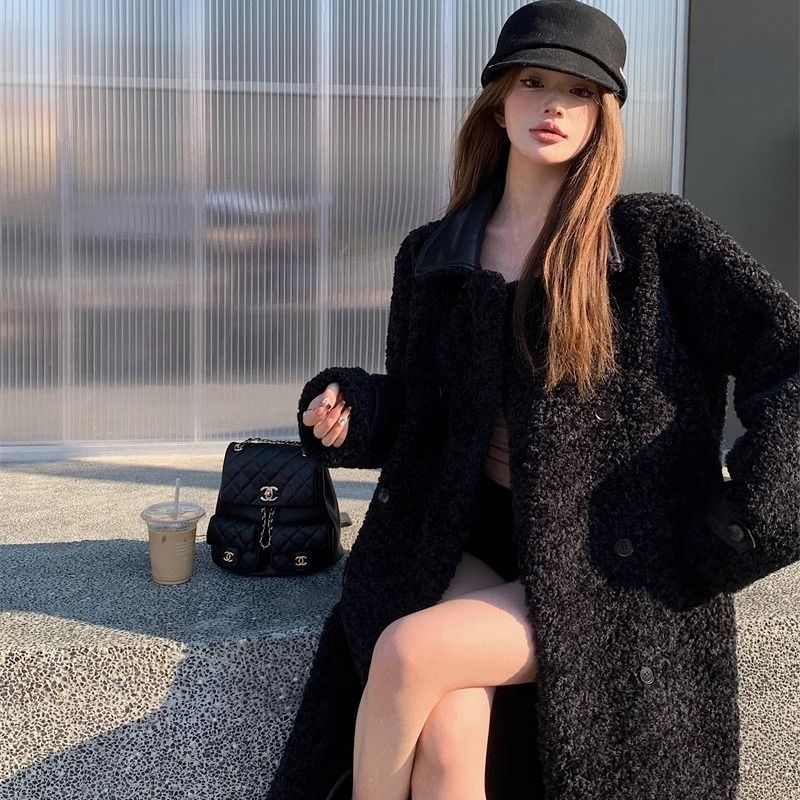 Leather splicing fur coat for women winter 2023 new high-end long thickened ladylike temperament long-sleeved coat