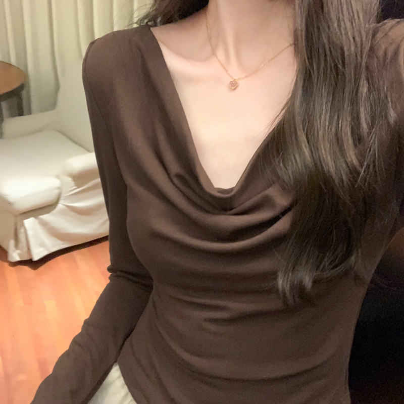 實拍圖法式盪領長袖修身洋氣百搭褶皺不規則套頭T恤上衣女潮