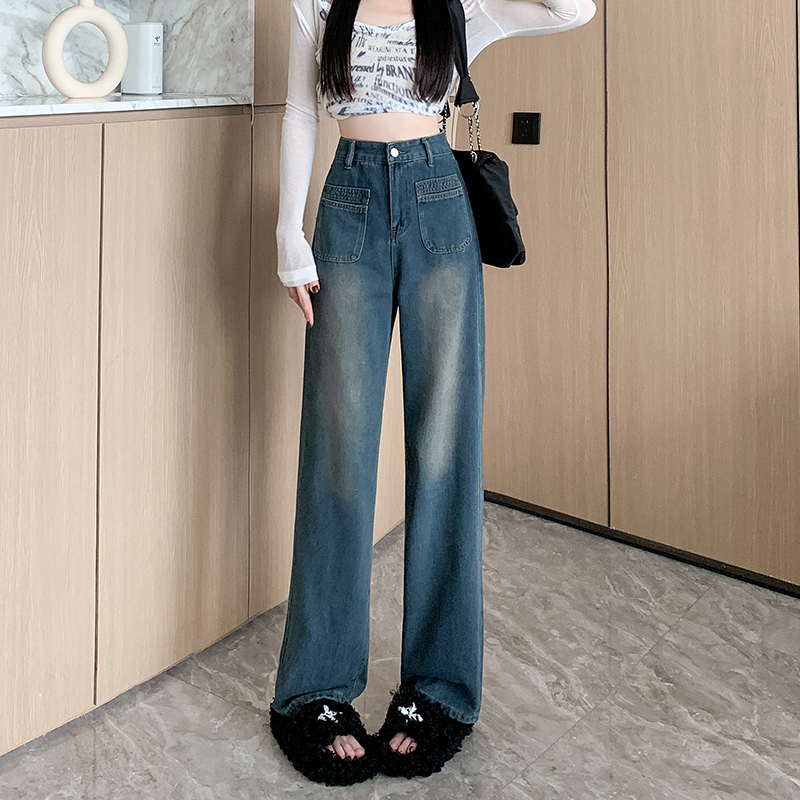 實拍~復古高腰窄版闊腿牛仔褲女2023新款直筒寬鬆垂感牛仔褲