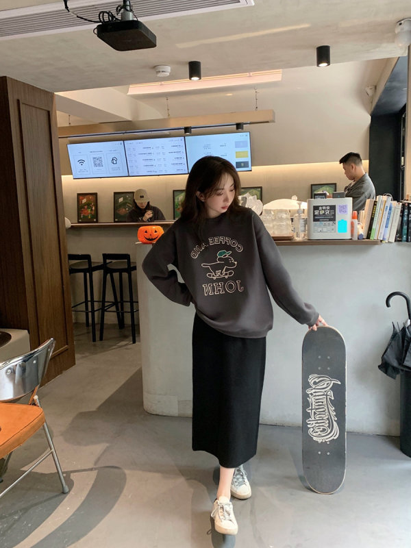 韓系可愛狗狗字母印花圓領衛衣女秋冬新款寬鬆慵懶加絨外套上衣女