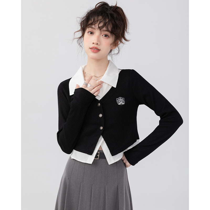 原版做法 原版胸標突出 假兩件Polo領襯衫女秋拼接短款學院風上衣