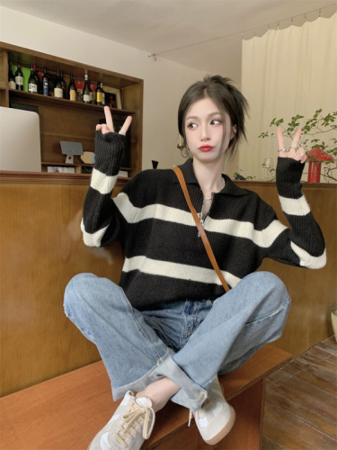 Tmall quality polo collar striped long-sleeved sweater autumn retro French loose lazy style pullover top