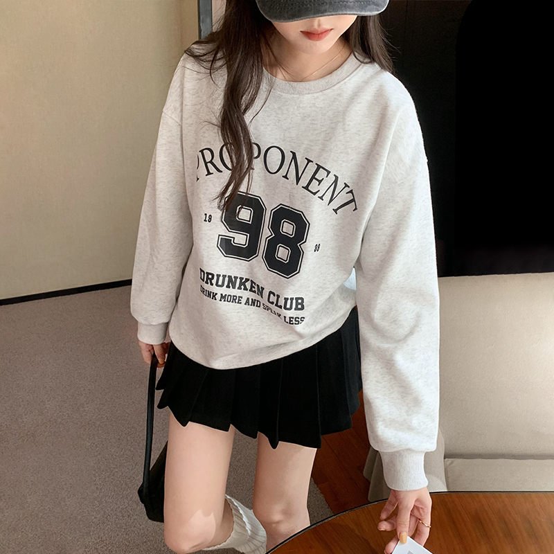 實拍圖數字98印花純棉美式圓領套頭衛衣女秋冬寬鬆落肩長袖上衣