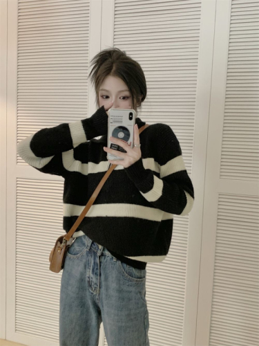 Tmall quality polo collar striped long-sleeved sweater autumn retro French loose lazy style pullover top
