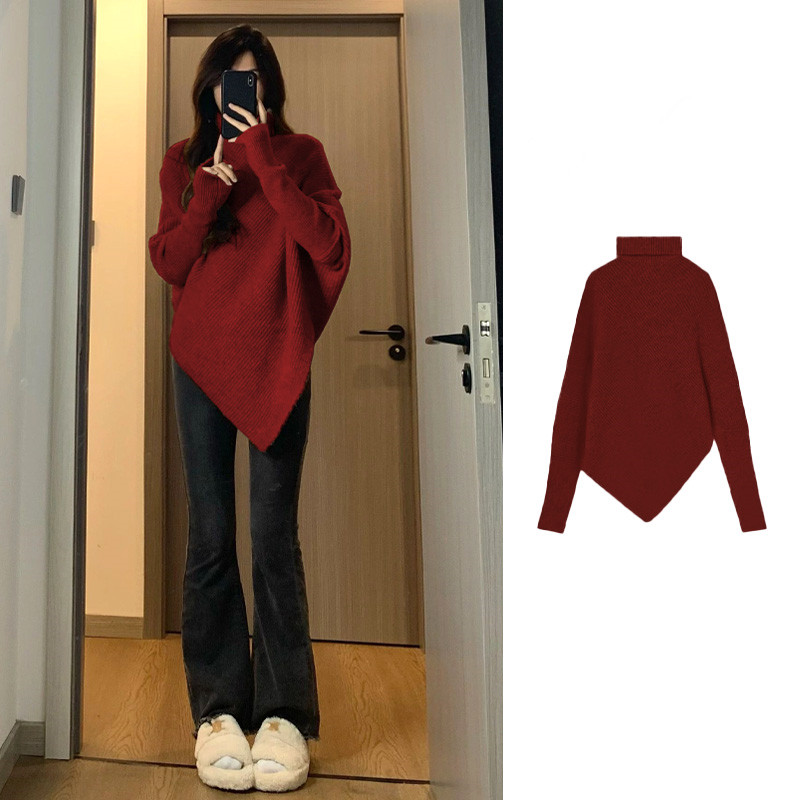 2023本命年紅色衣服慵懶毛衣秋冬新款女裝紅上衣不規則高領針織衫