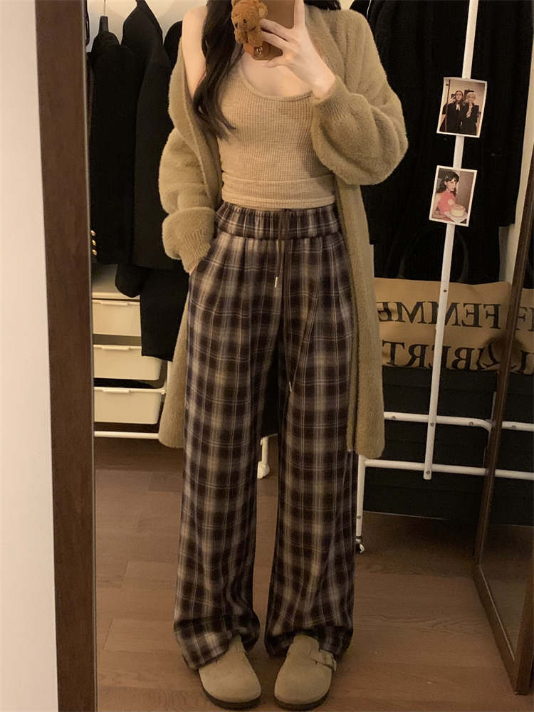 實拍 秋冬新款加絨加厚復古格子休閒褲女鬆緊腰闊腿褲拖地褲
