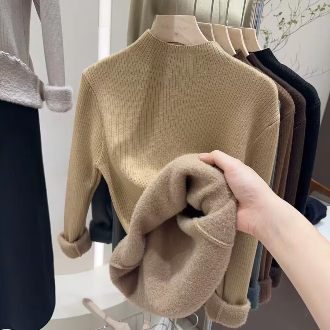 實拍一體絨加厚打底衫女長袖冬季新款修身內搭保暖半高領加絨毛衣