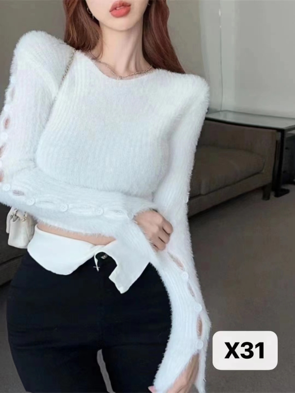 辣妹軟糯設計感紐扣破洞針織毛衣女春裝純欲性感打底百搭短款上