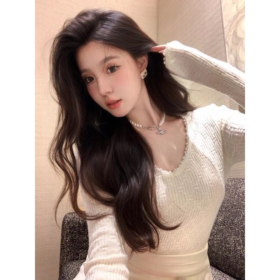 cchen陳陳 波斯綸打底衫_珍珠邊V領內搭保暖秋冬小個子百搭上衣女