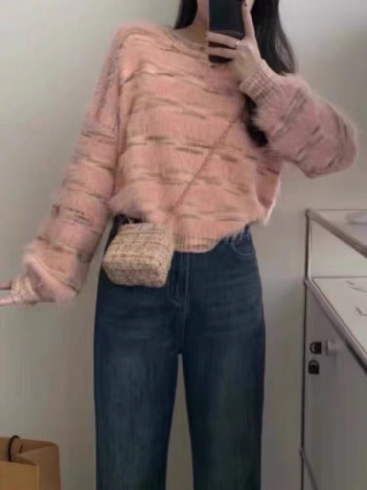粉色水貂毛軟糯套頭毛衣女秋冬設計感寬鬆慵懶加厚甜美毛絨針織衫