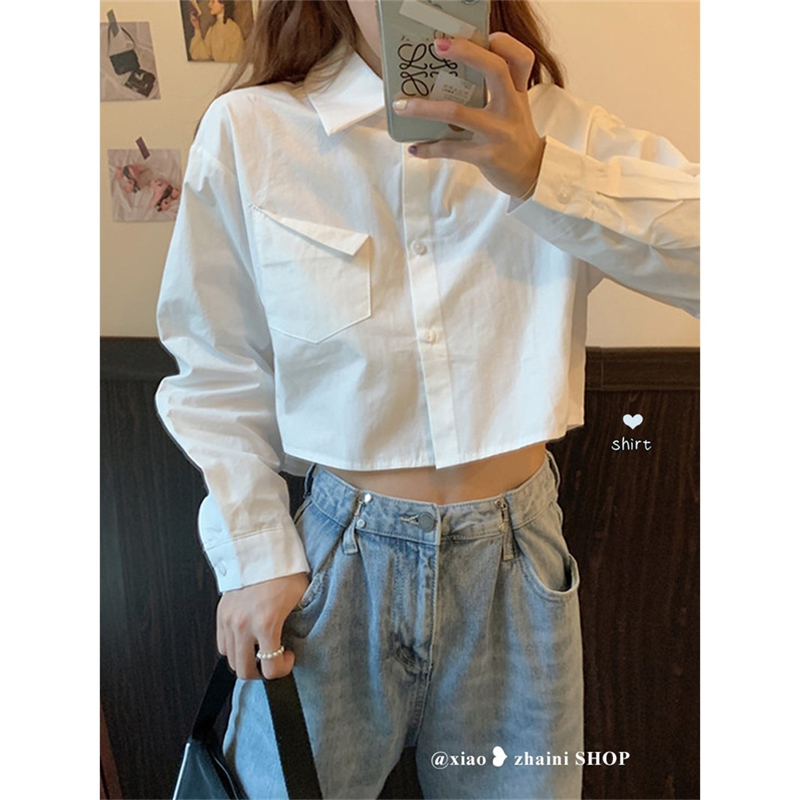 polo領白色襯衫女設計感小眾長袖襯衣春秋2024新款別致短款小上衣