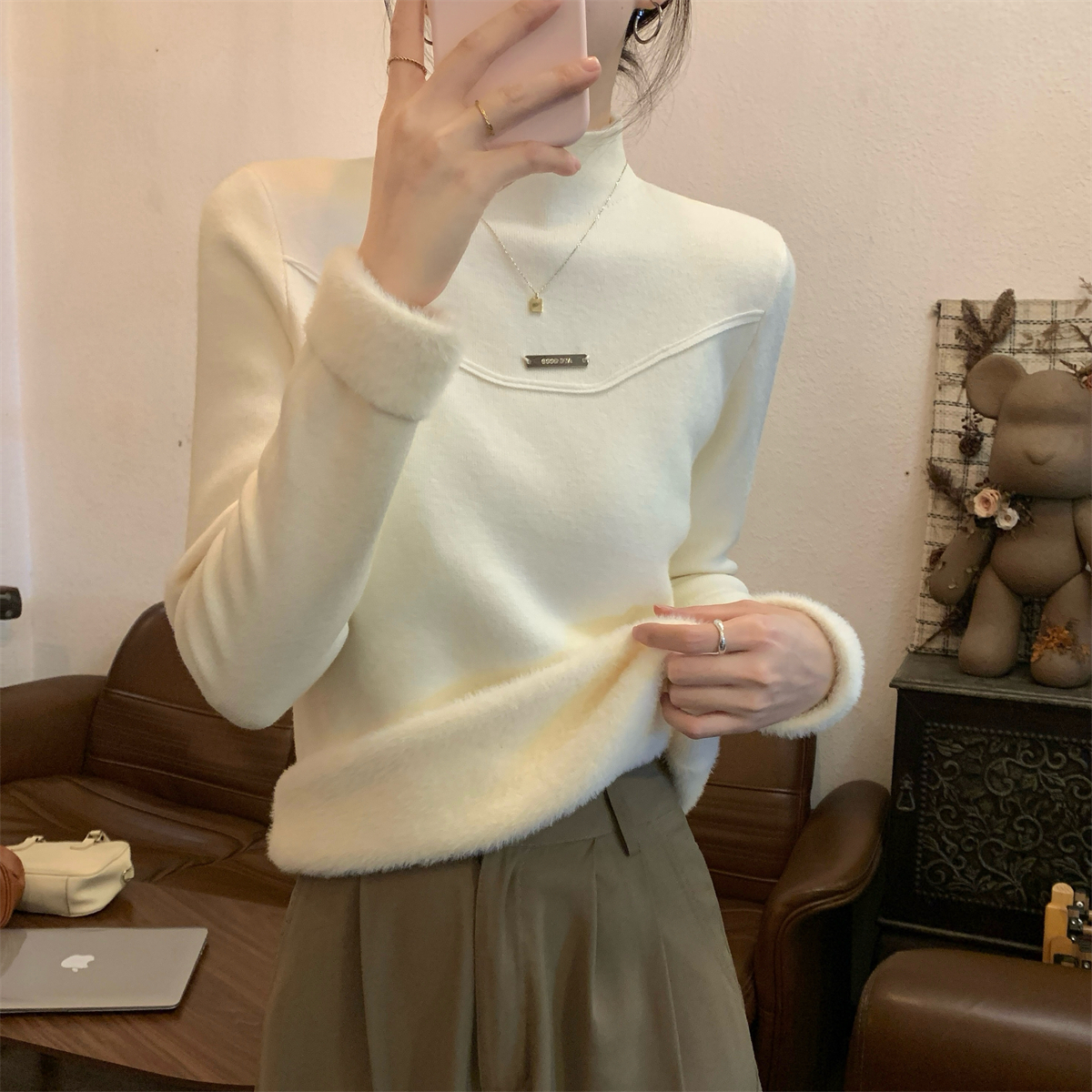 實拍 秋冬韓版半高領內搭一體絨保暖百搭針織打底衫毛衣女