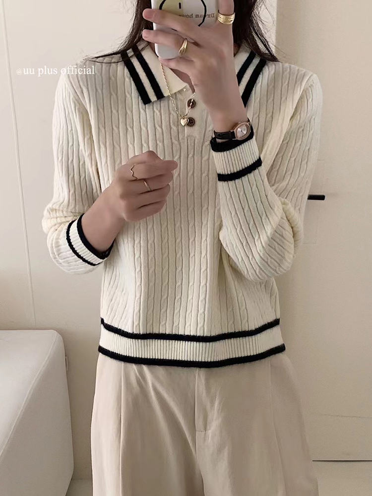 秋冬小麻花翻領毛衣女簡約百搭套頭針織衫韓版長袖顯瘦打底衫上衣
