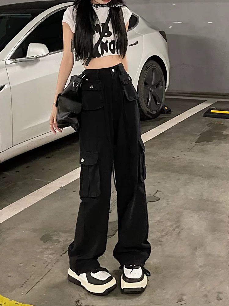 美式辣妹風工裝牛仔褲女秋季直筒闊腿黑色長褲小眾多口袋拖地褲子