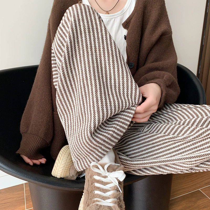 原版面料立體腰頭做工咖色毛呢闊腿褲女高腰垂感小個子條紋褲