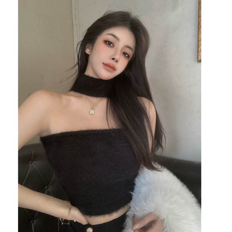 皮草保暖外套女秋冬掛脖吊帶背心打底衫設計感辣妹純欲風內搭上衣