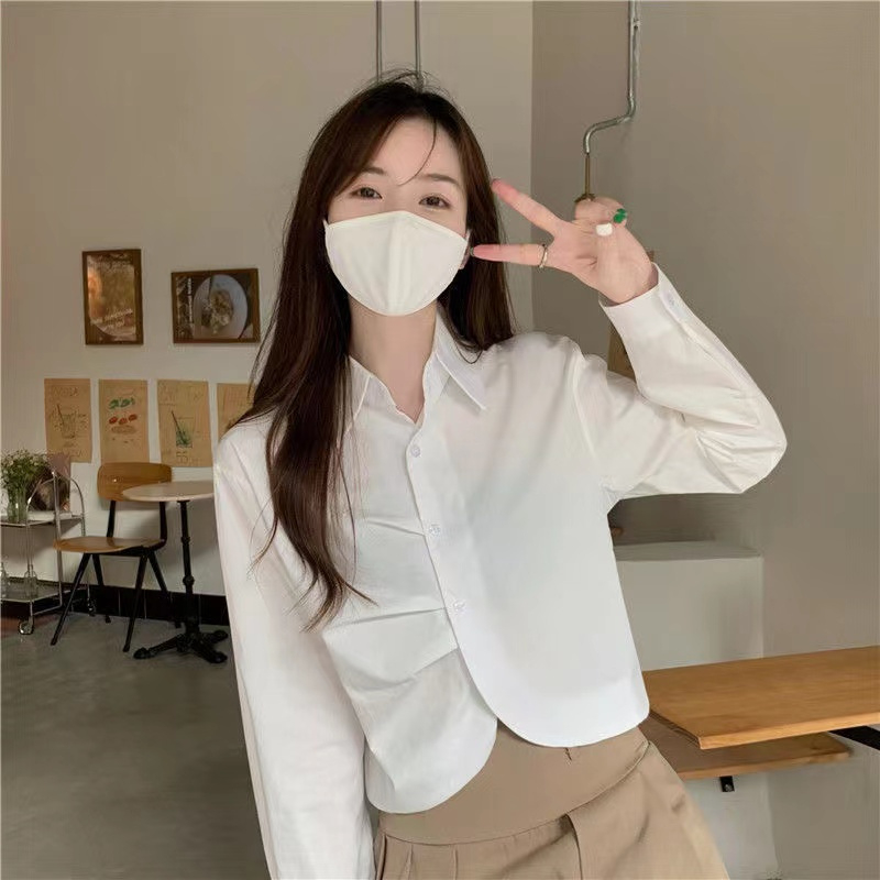 韓系褶皺長袖襯衫女別致小眾設計感春裝2024款時尚洋氣小個子上衣