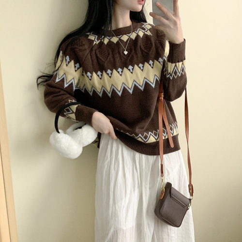 韩国chic冬日新款气质菱形格纹毛衣针织衫