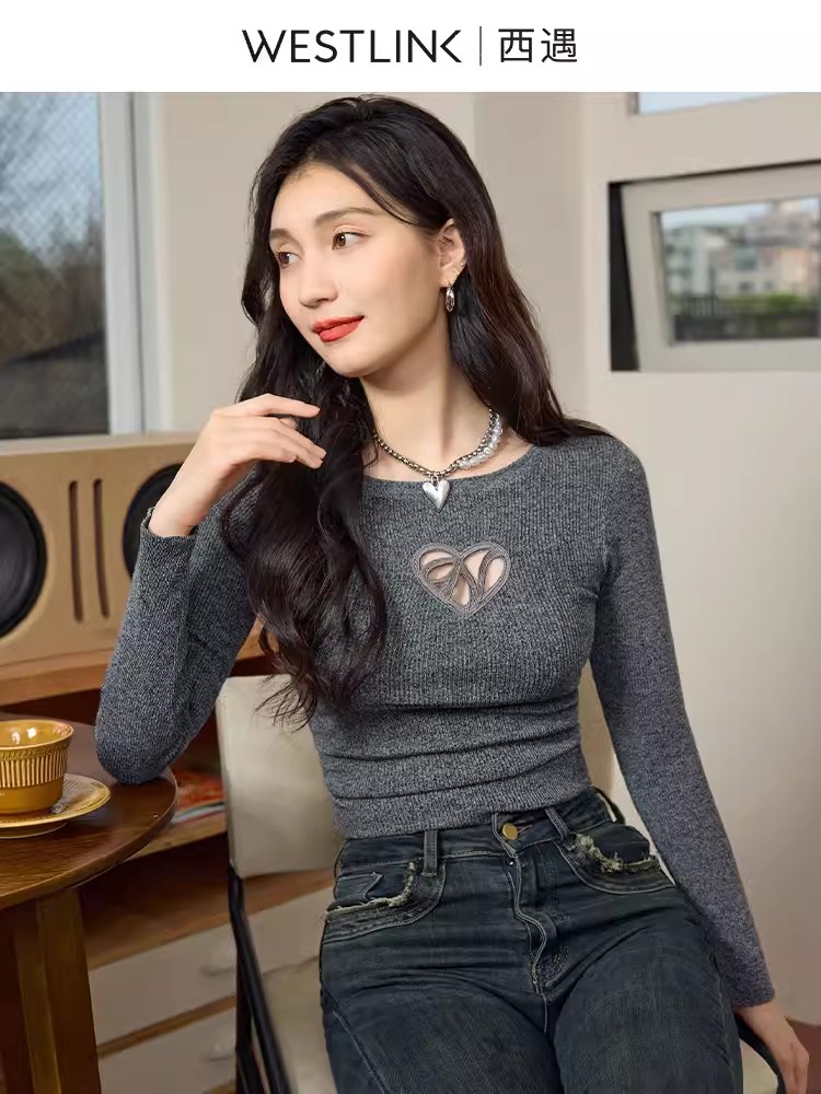 Love hollow black short top long-sleeved T-shirt for women autumn round neck backless lace-up sexy bottoming shirt