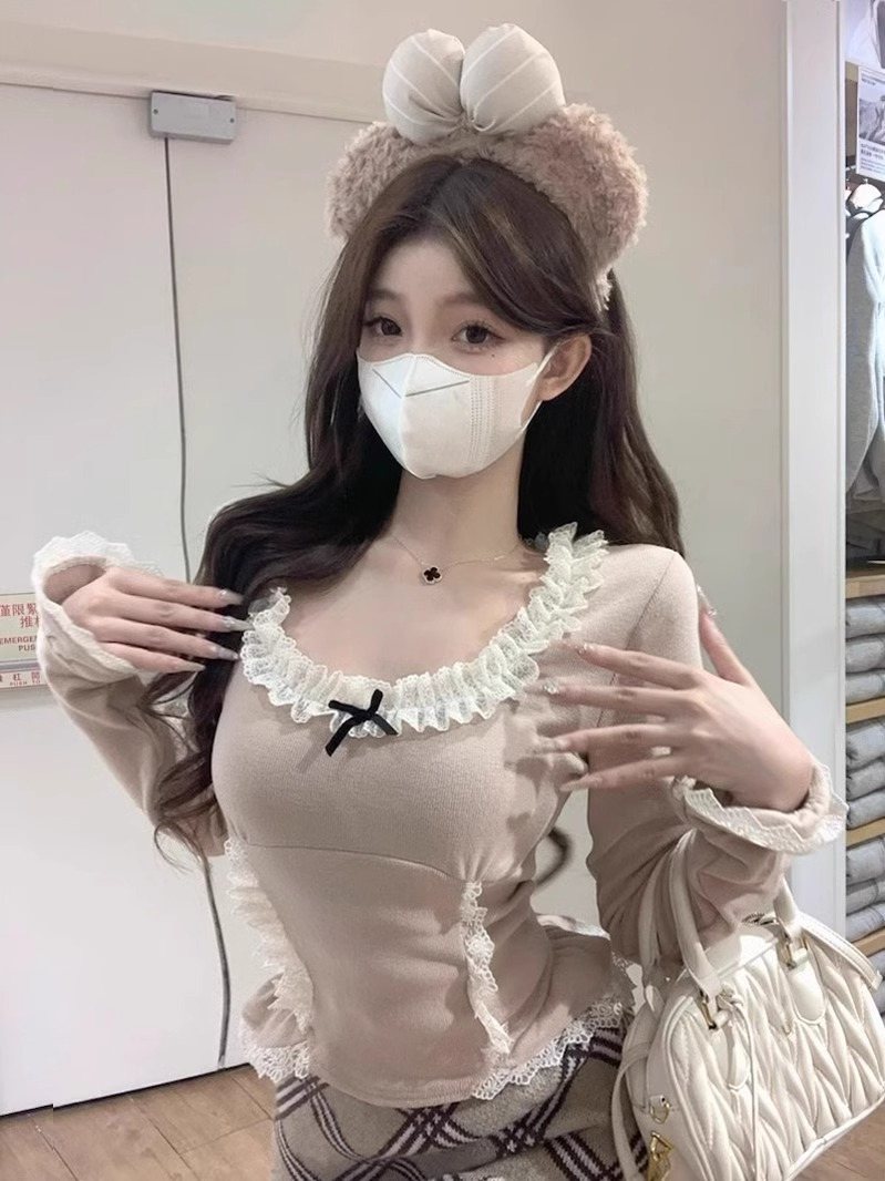 官圖 撞色蕾絲花邊蝴蝶結長袖T恤女秋冬短款上衣女設計感打底衫