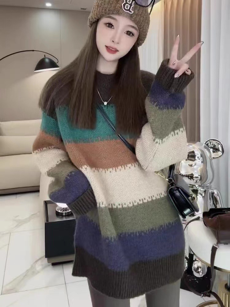 慵懶風軟糯條紋毛衣女秋冬2023新款寬鬆韓版時尚百搭針織上衣外穿
